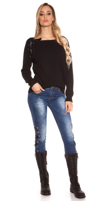Trendy Oversize sweater with lacing Black